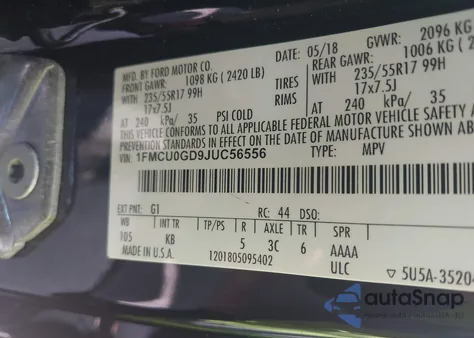 2018 Ford Escape Se z USA, uszkodzony, nr VIN 1FMCU0GD9JUC56556